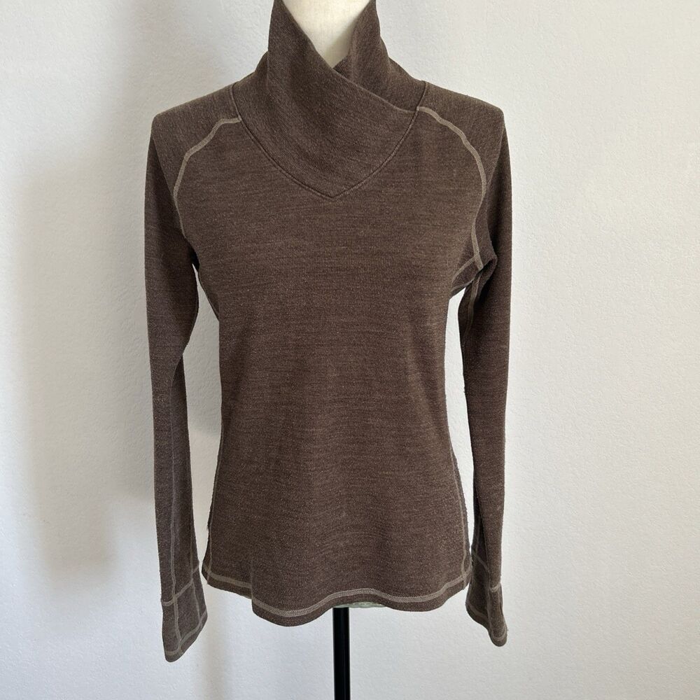 Prana Thermal Top Brown Knit Crossover Neck & Thumb Holes Base Layer Sz XL